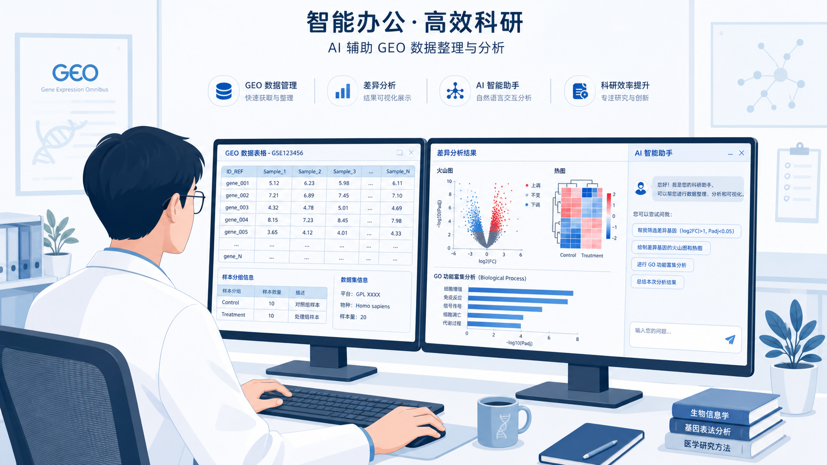 科研人员在电脑前处理GEO数据,屏幕上同时显示数据表、差异分析结果和AI对话框,强调“办公型AI分场景分析”的工作场景