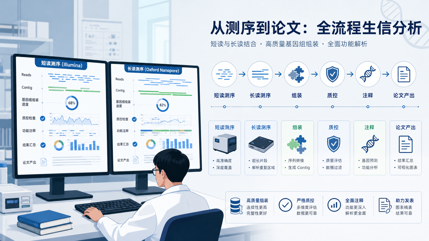 科研人员在电脑前同时查看短读和长读测序数据流程图,旁边展示组装、质控、注释和论文产出的完整工作流示意图