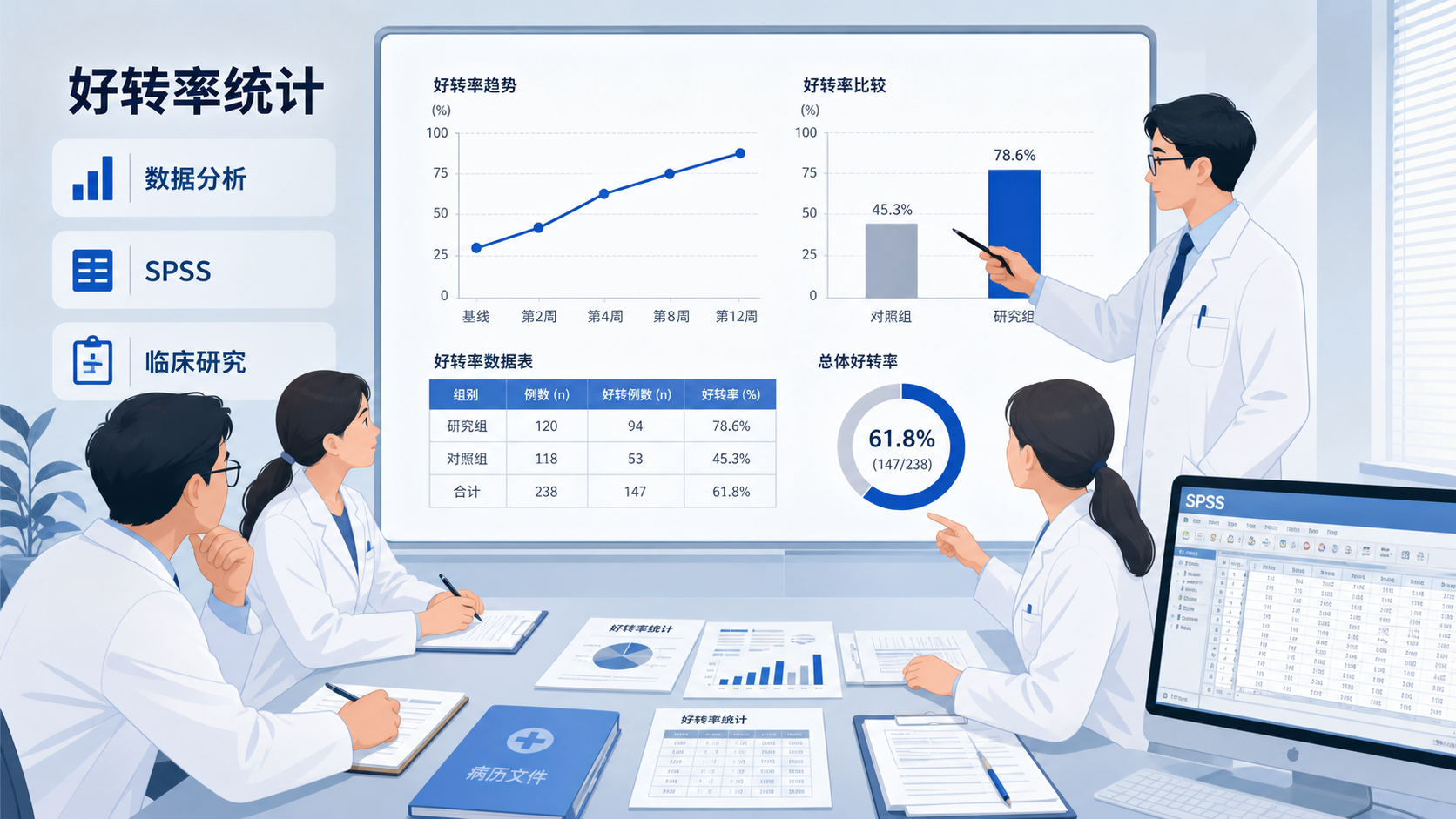 一张临床研究数据分析场景图,包含病历、统计图表、SPSS界面和医生讨论数据的画面,突出“好转率统计”主题。
