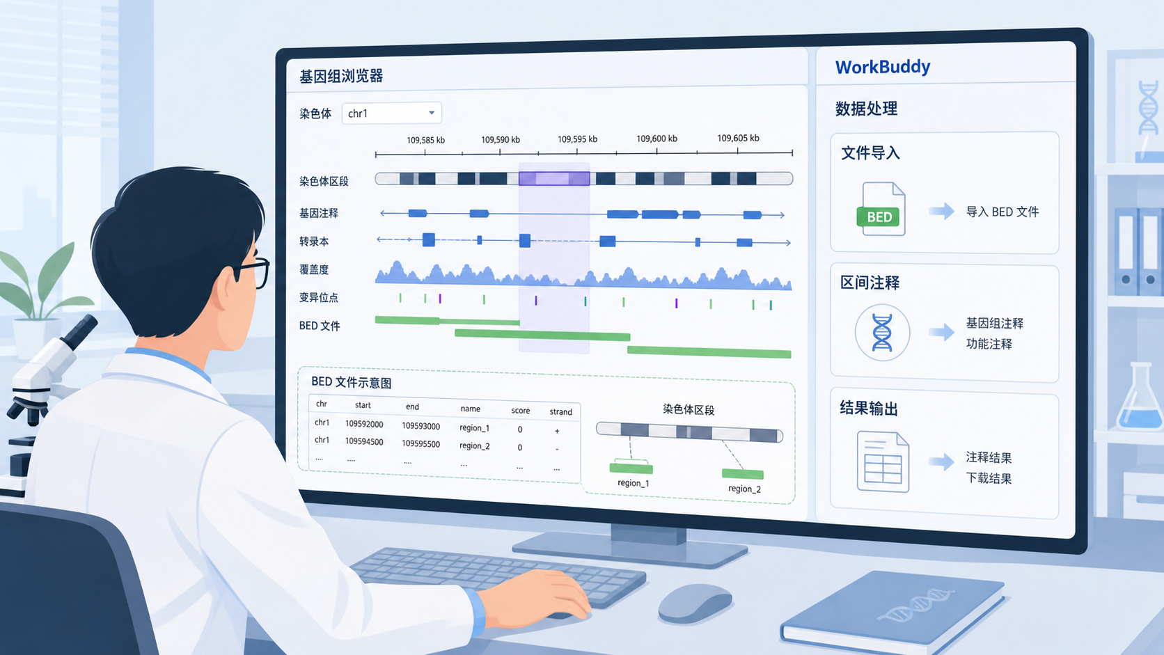 科研人员在电脑前查看基因组浏览器与BED文件示意图,旁边展示WorkBuddy工作台界面和数据处理流程图