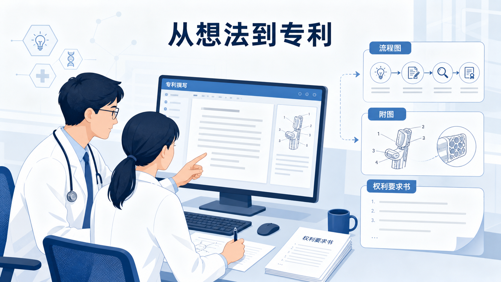 一位医生与科研人员在电脑前讨论专利文书,旁边显示流程图、附图和权利要求书草稿,突出“从想法到专利”的写作场景