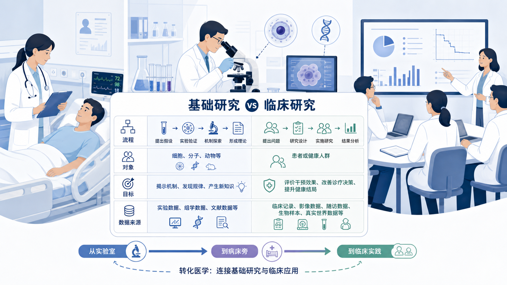 临床医生在病房、实验室和会议室之间切换,画面中叠加“基础研究 vs 临床研究”的对比示意图