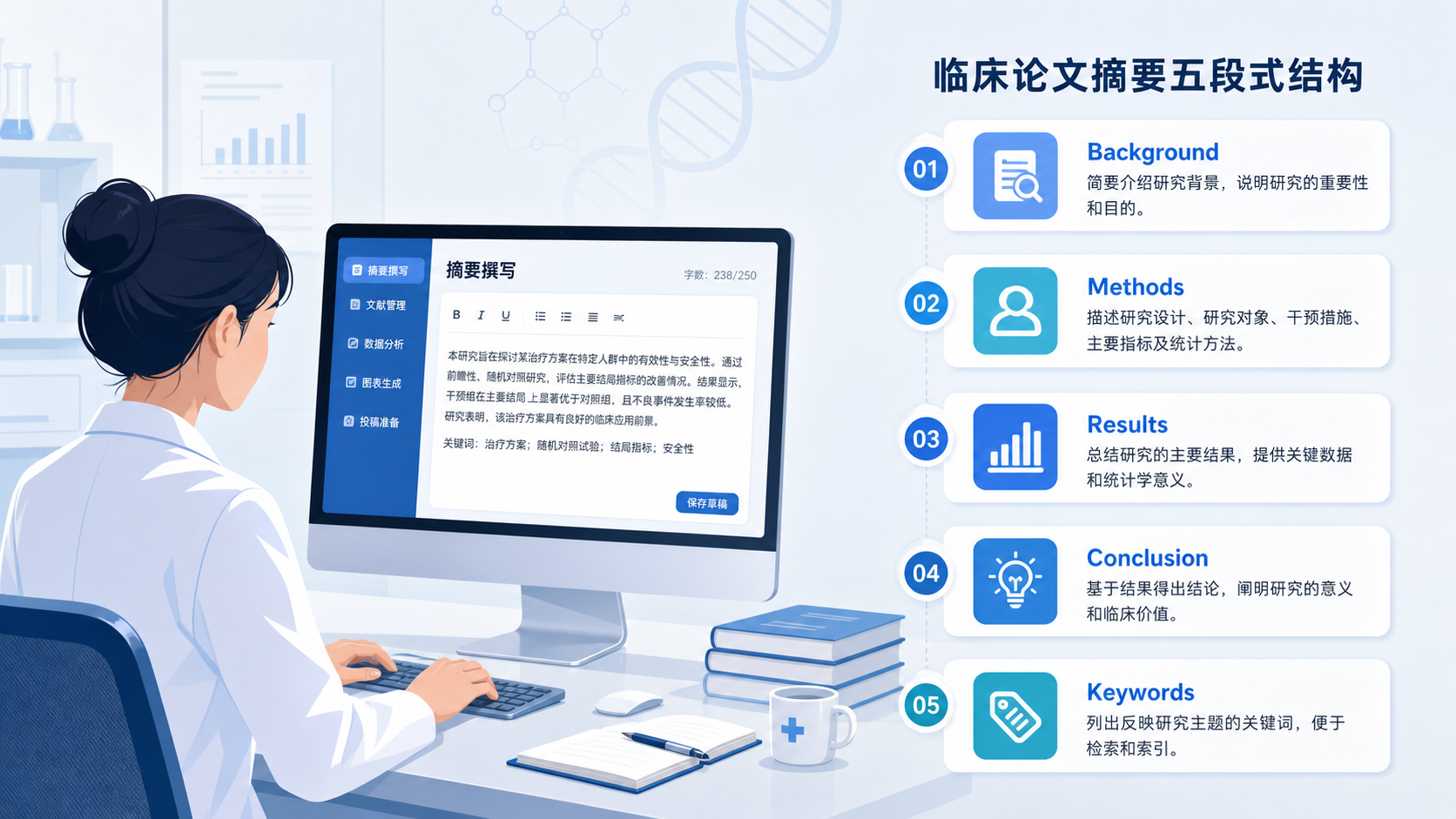 医护人员在电脑前撰写临床论文摘要，旁边展示摘要五段式结构示意图，风格专业简洁