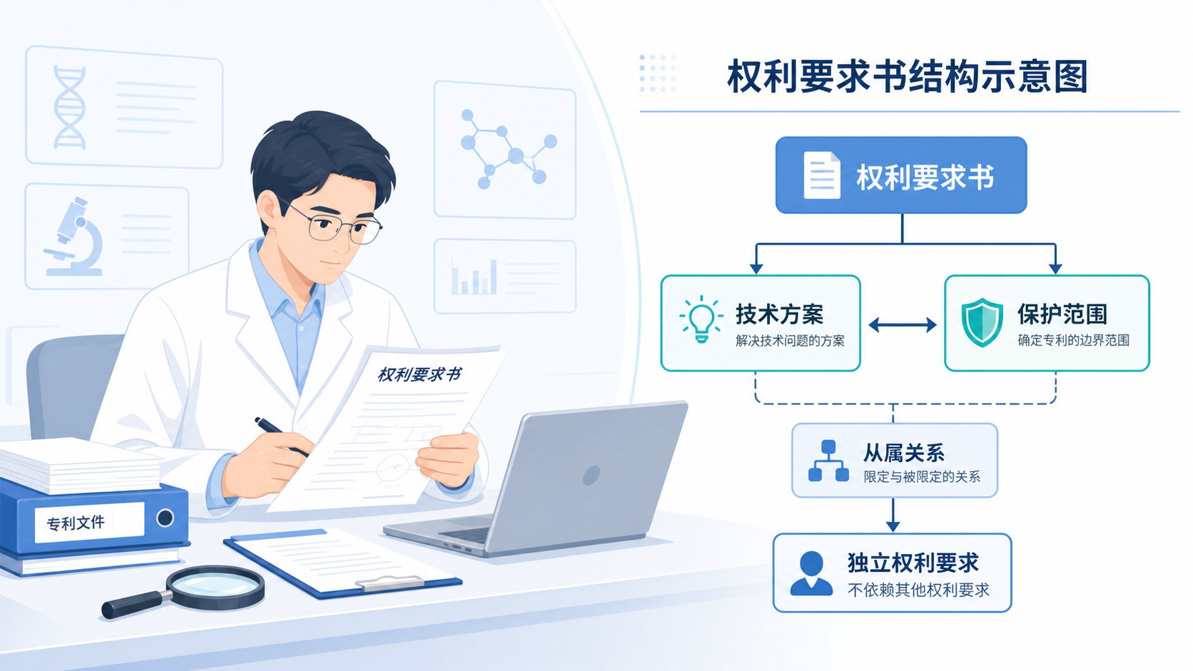 医学科研人员在审阅专利文件,旁边展示权利要求书结构示意图,突出“保护范围”与“技术方案”之间的关系。
