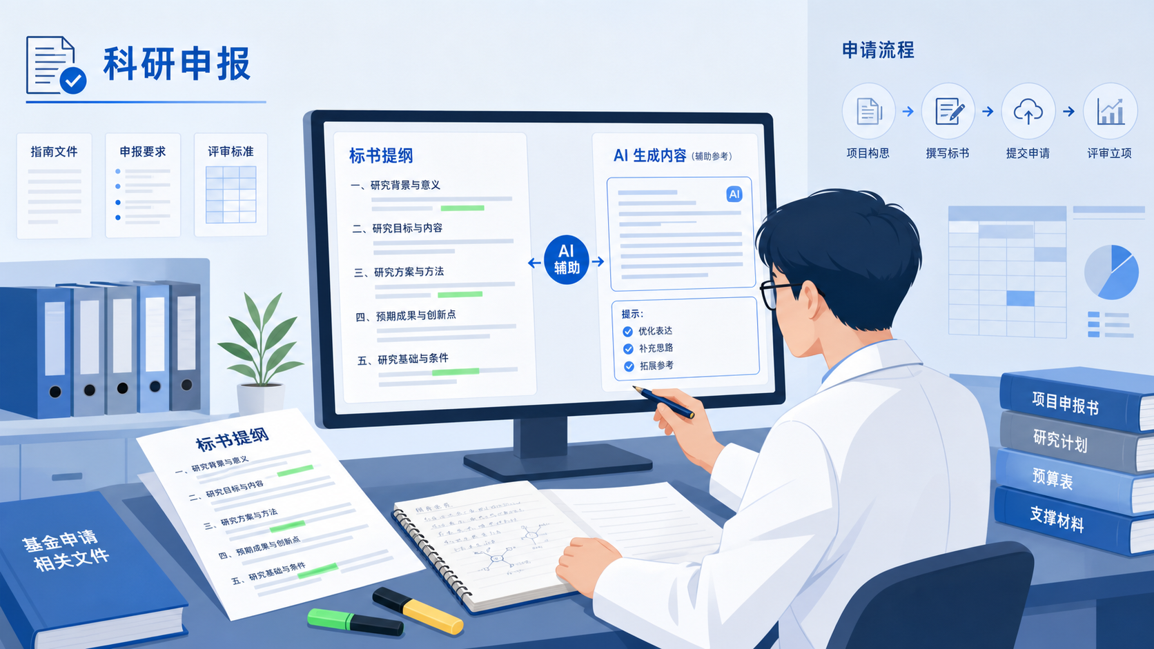 一位科研人员在电脑前对照标书提纲与AI生成内容,画面强调“AI辅助而非替代”的概念,背景有基金申请书和标书结构示意图