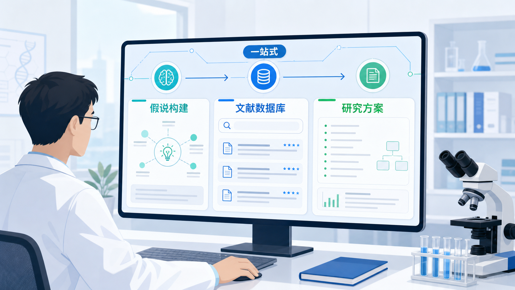 一位科研人员在电脑前同时查看假说构建界面、文献数据库和研究方案草稿,画面突出“从假说到文献一站式完成”的科研工作场景
