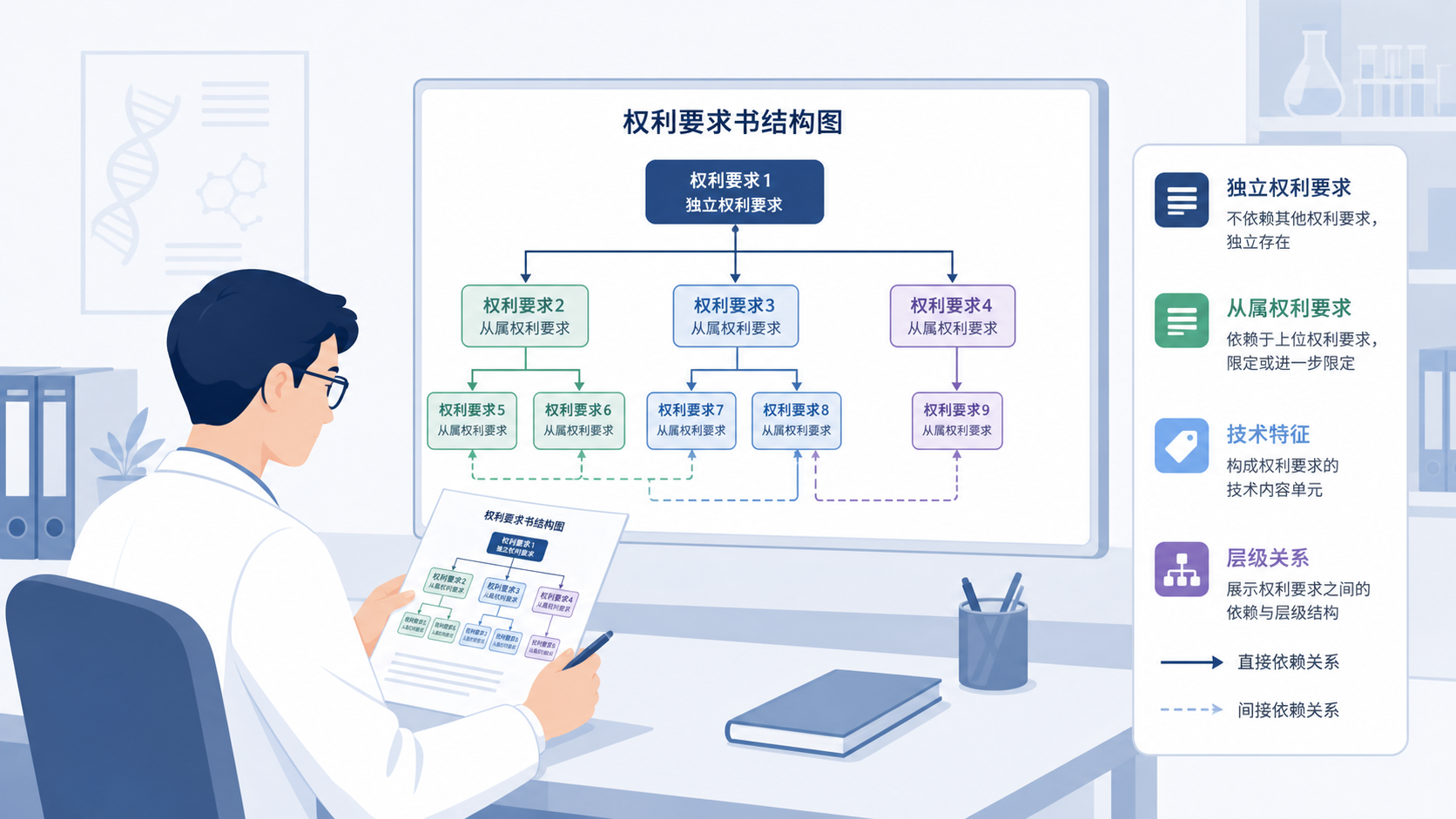专利申请人正在审阅权利要求书结构图，旁边标注独立权利要求、从属权利要求、技术特征层级关系示意图