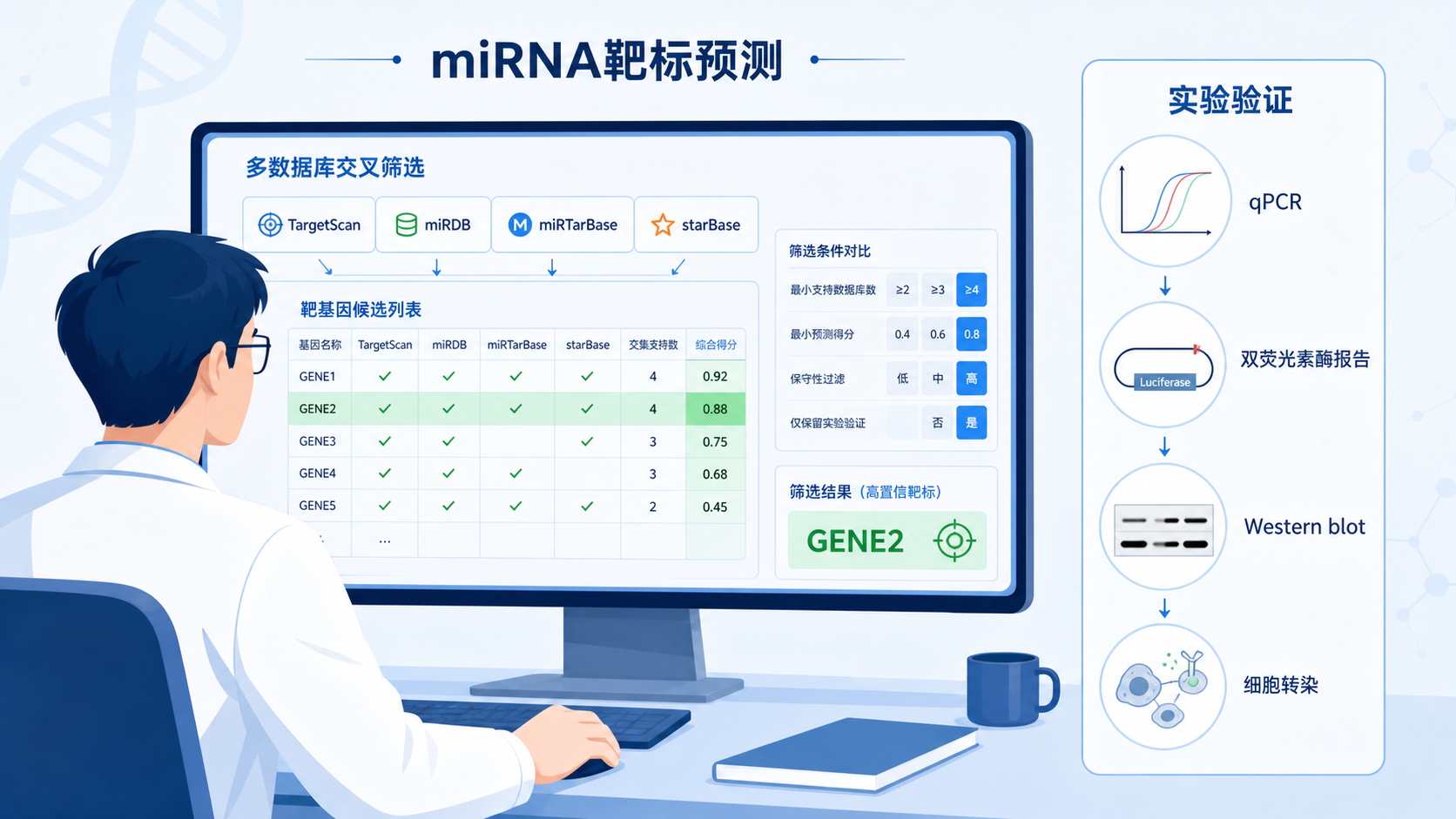 科研人员在电脑前查看miRNA靶标预测结果，多数据库交叉筛选界面，旁边有实验验证流程示意图