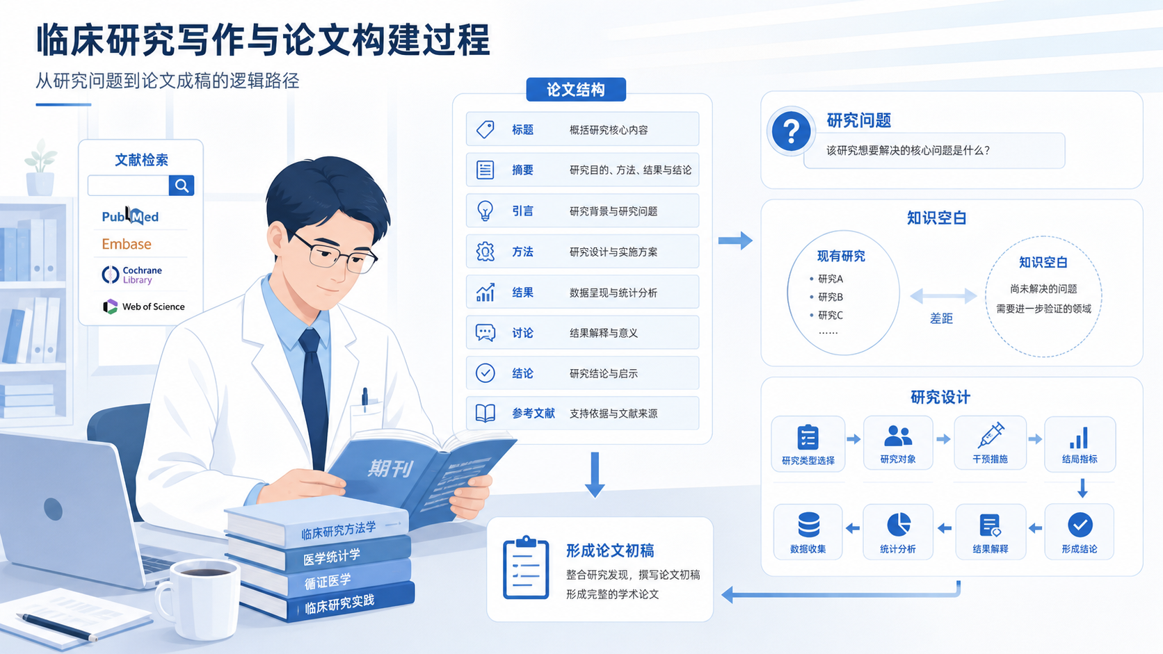 临床研究写作场景图，包含论文结构示意图、医生翻阅文献、研究问题与空白的流程图，风格专业简洁