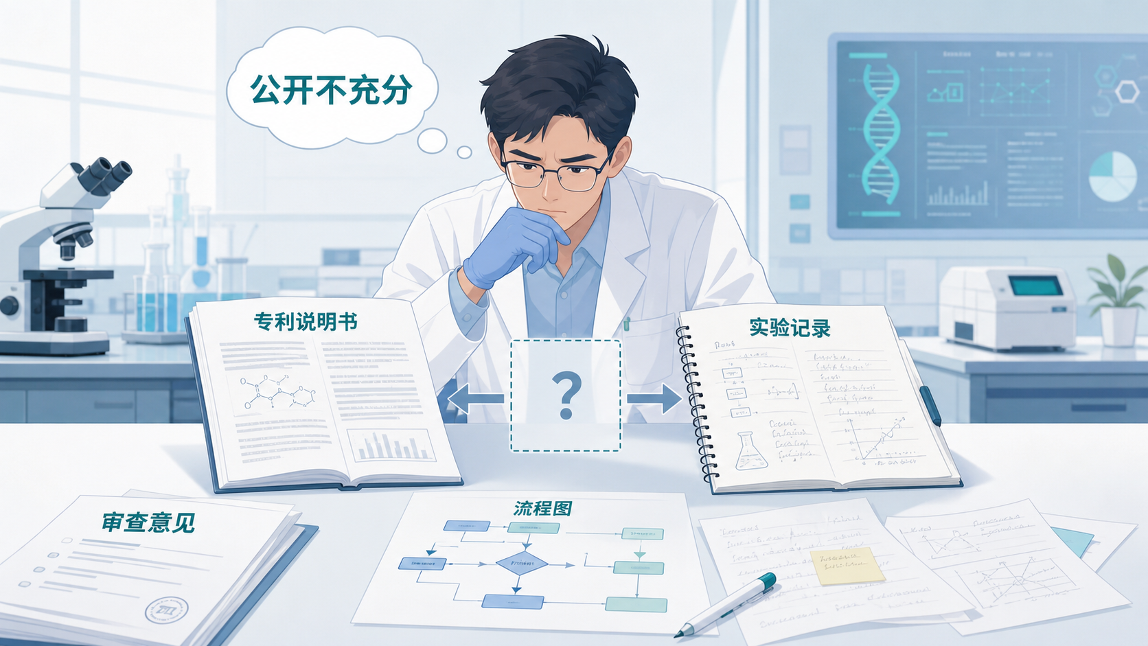 一位科研人员对照专利说明书与实验记录，旁边有审查意见和流程图，突出“公开不充分”这一痛点。