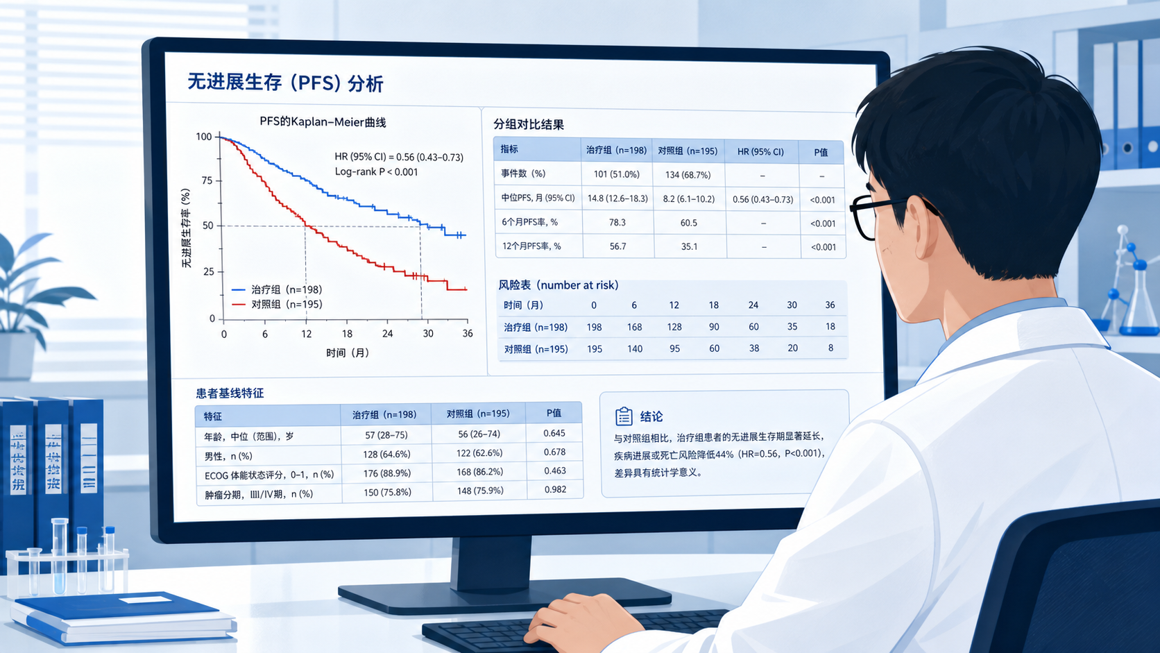 科研人员在电脑前进行生存分析，屏幕上显示无进展生存KM曲线、分组对比结果和数据表格，整体风格专业、简洁。
