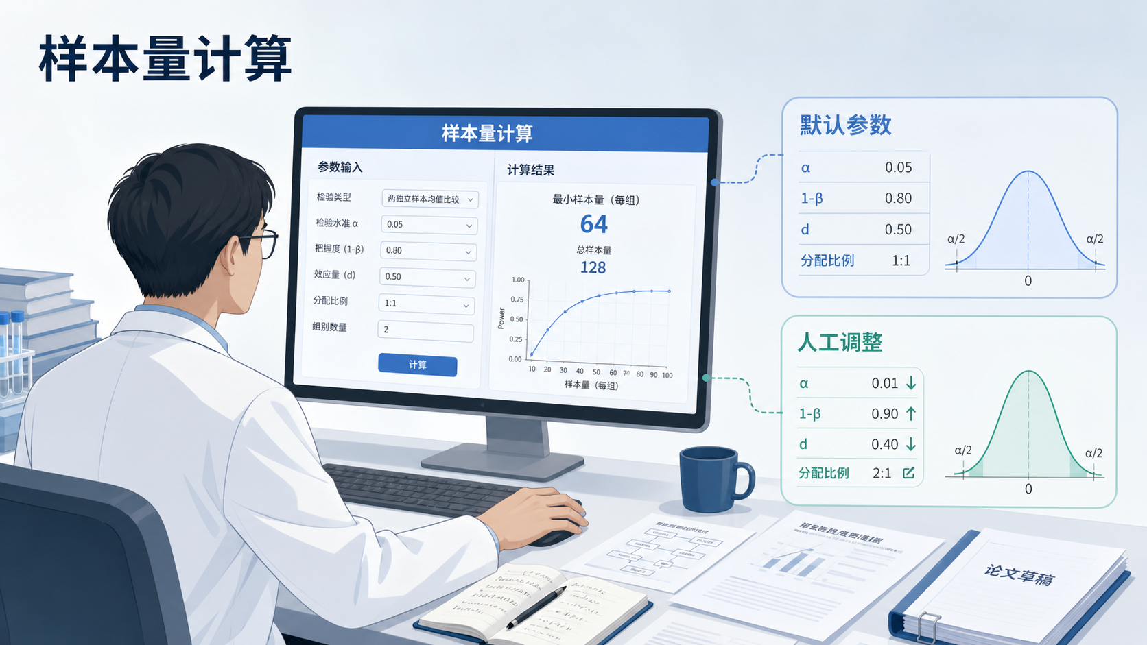 医学研究者在电脑前使用样本量计算软件,旁边放着研究方案、统计公式和论文草稿,突出“默认参数与人工调参”的选择场景
