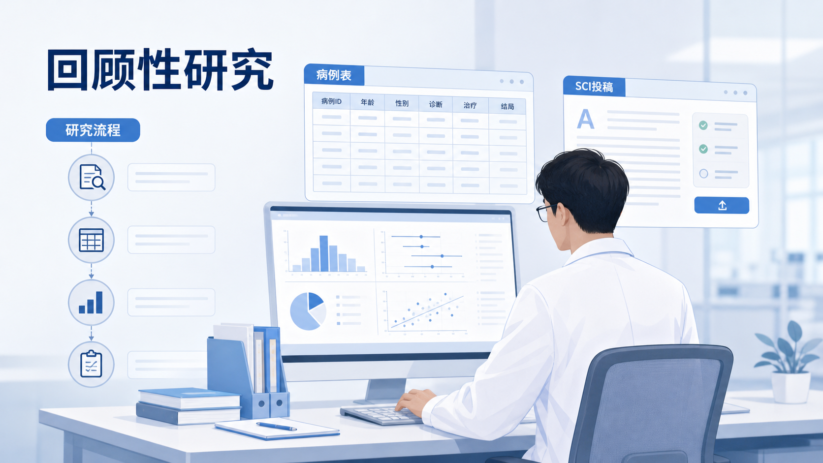 一位临床医生在电脑前整理病历数据，旁边显示研究设计流程图、病例表格和SCI投稿界面，突出“回顾性研究转化为论文”的场景