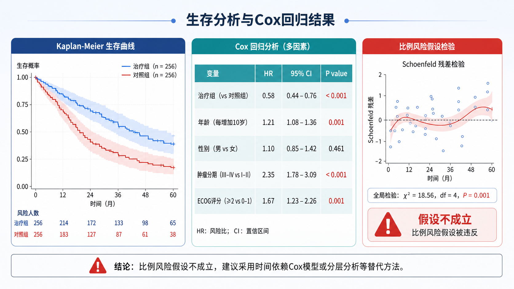 医学统计分析场景图，包含生存曲线、Cox回归输出表、比例风险假设检验提示标记，突出“假设不成立”的风险