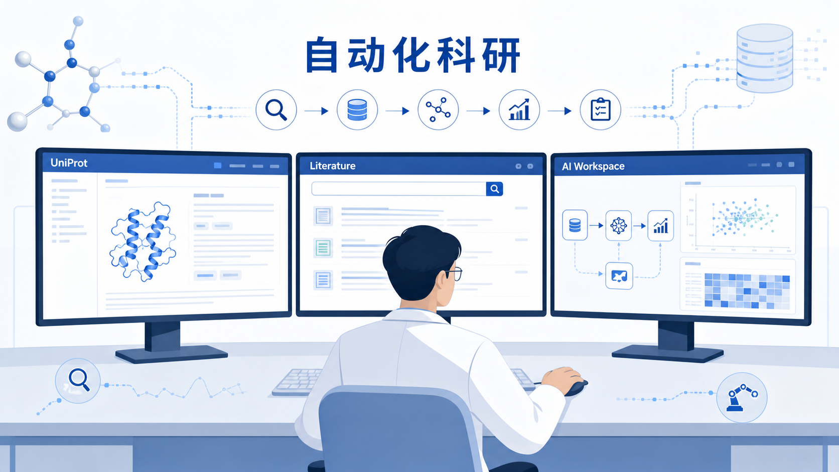 一位医生或科研人员在电脑前同时查看UniProt页面、文献数据库和AI工作台,画面突出“自动化科研流程”与“数据整合”。