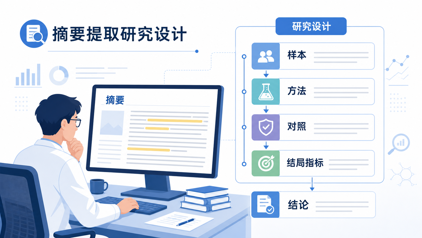 科研人员在电脑前阅读文献摘要，旁边有研究设计框架示意图，突出“摘要提取研究设计”这一主题。