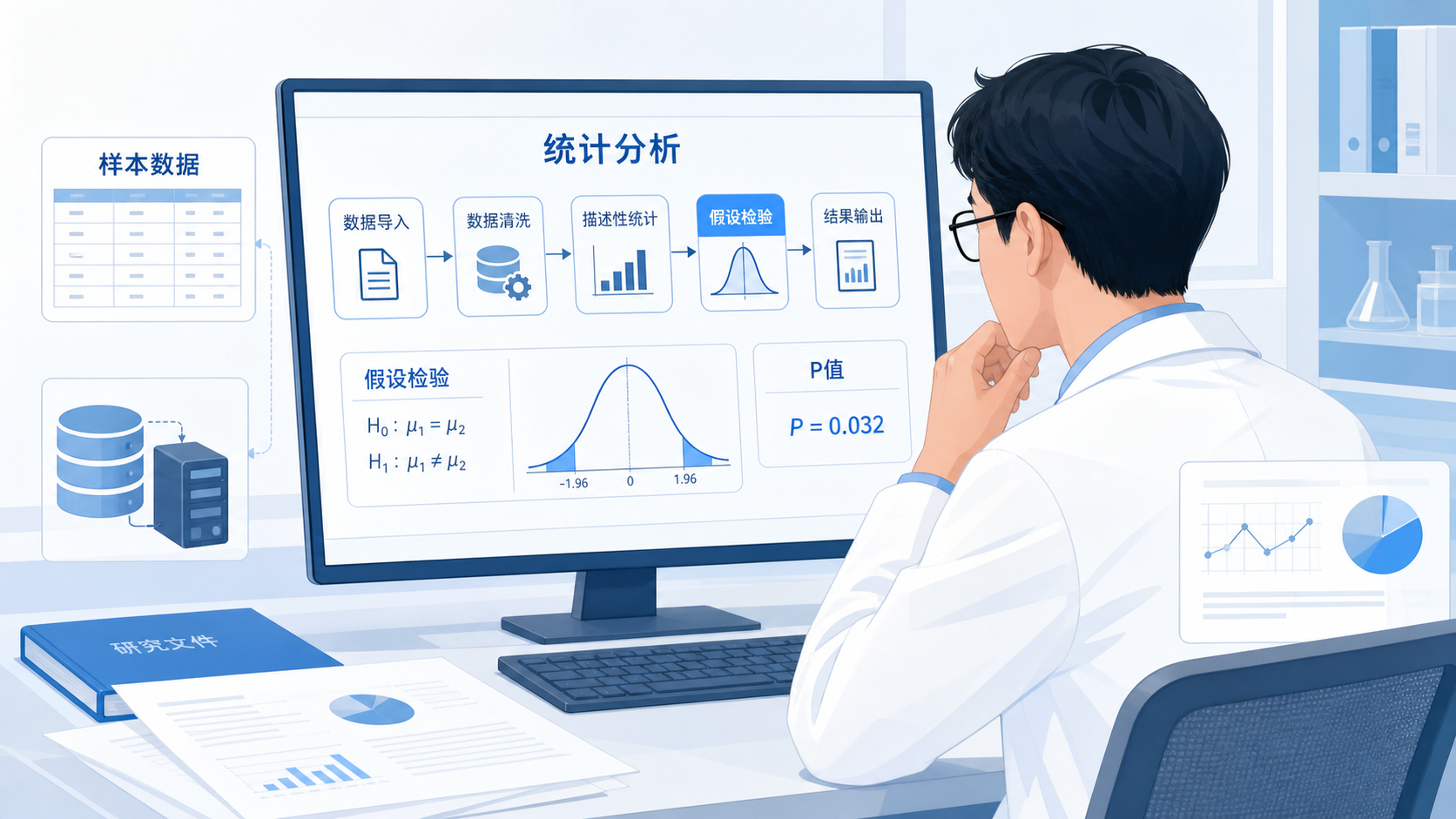 临床研究者在电脑前查看统计分析流程图，旁边有样本数据、服务器、P值和假设检验示意图