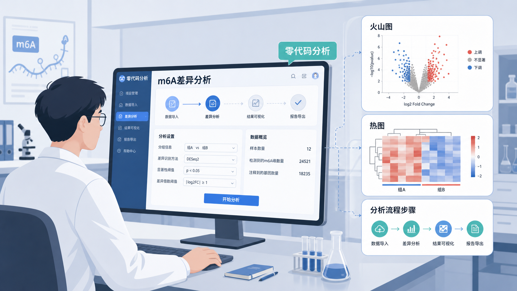 科研人员在电脑前查看m6A差异分析流程图，旁边展示零代码分析界面、火山图和热图