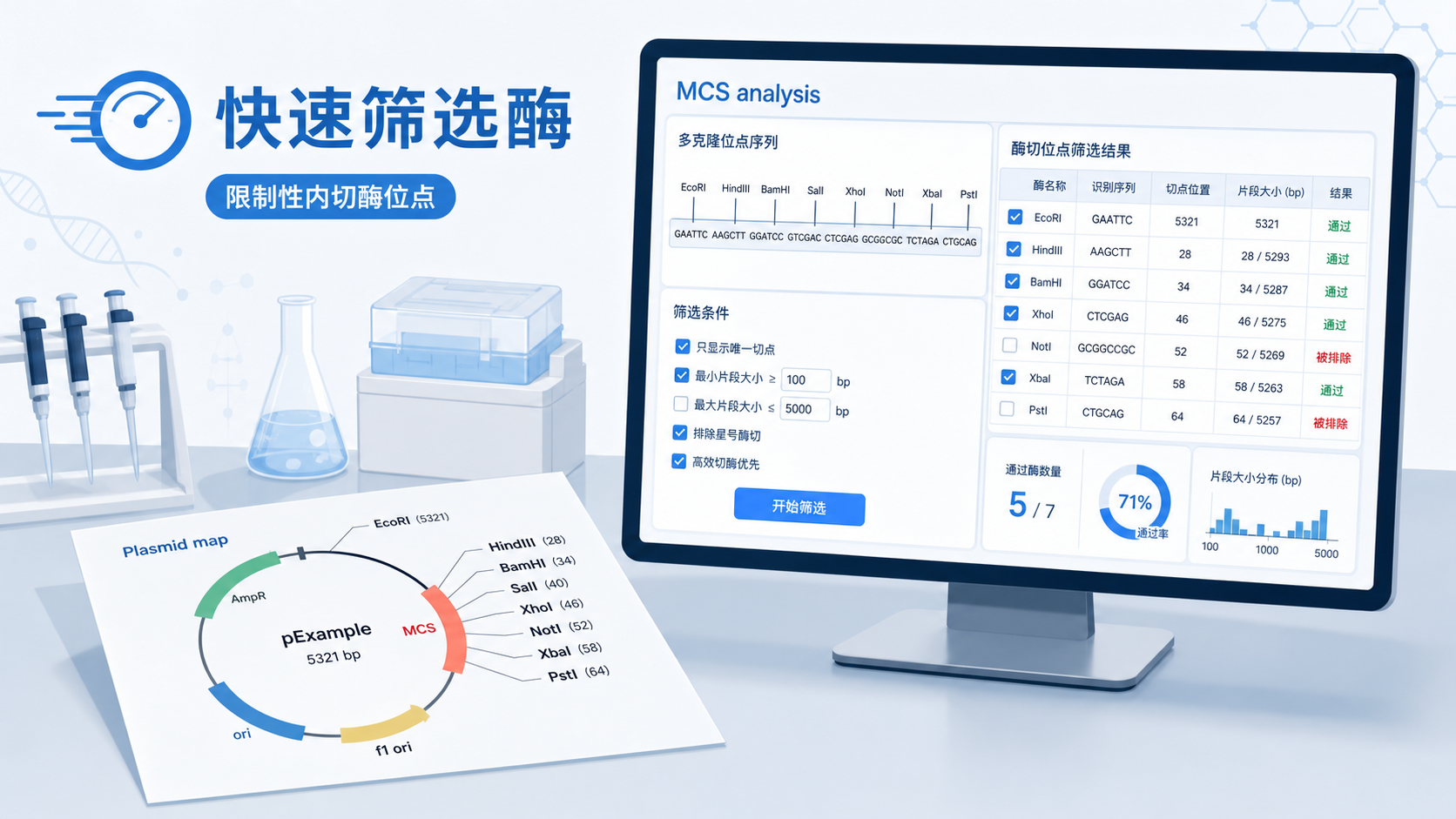实验台上摆放质粒图谱、限制性内切酶位点标注、电脑屏幕显示载体多克隆位点分析界面，突出“快速筛选酶切位点”的科研场景