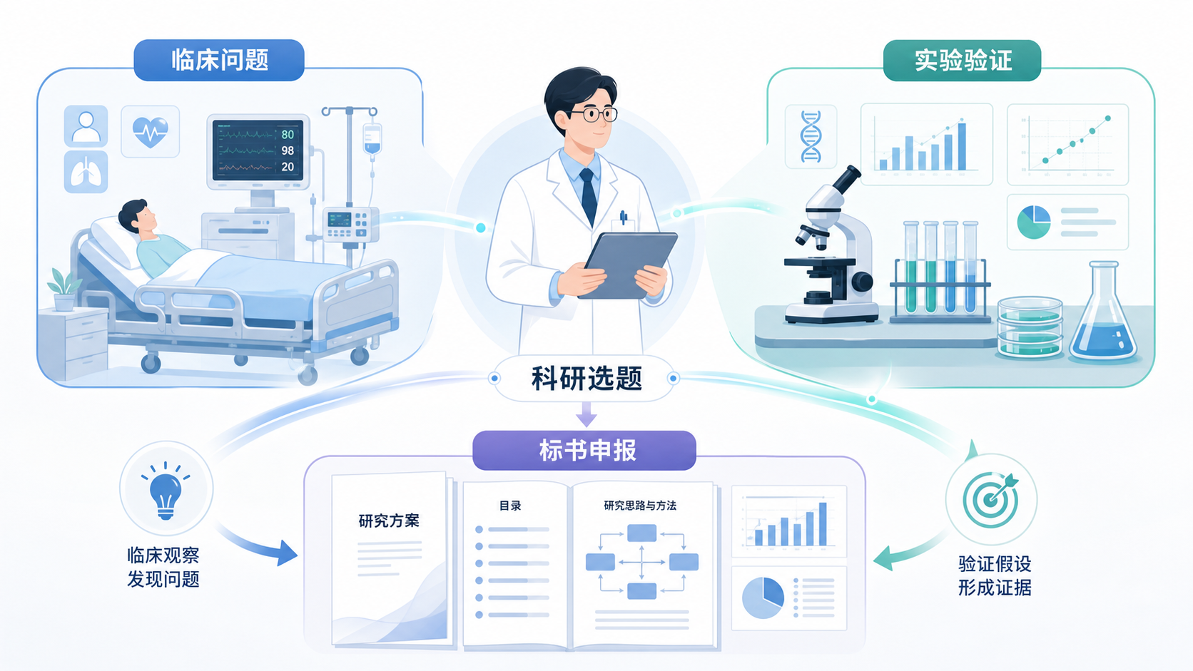 一位临床医生在病房、实验室和标书文稿之间建立连接的示意图,突出“临床问题驱动科研选题”的概念