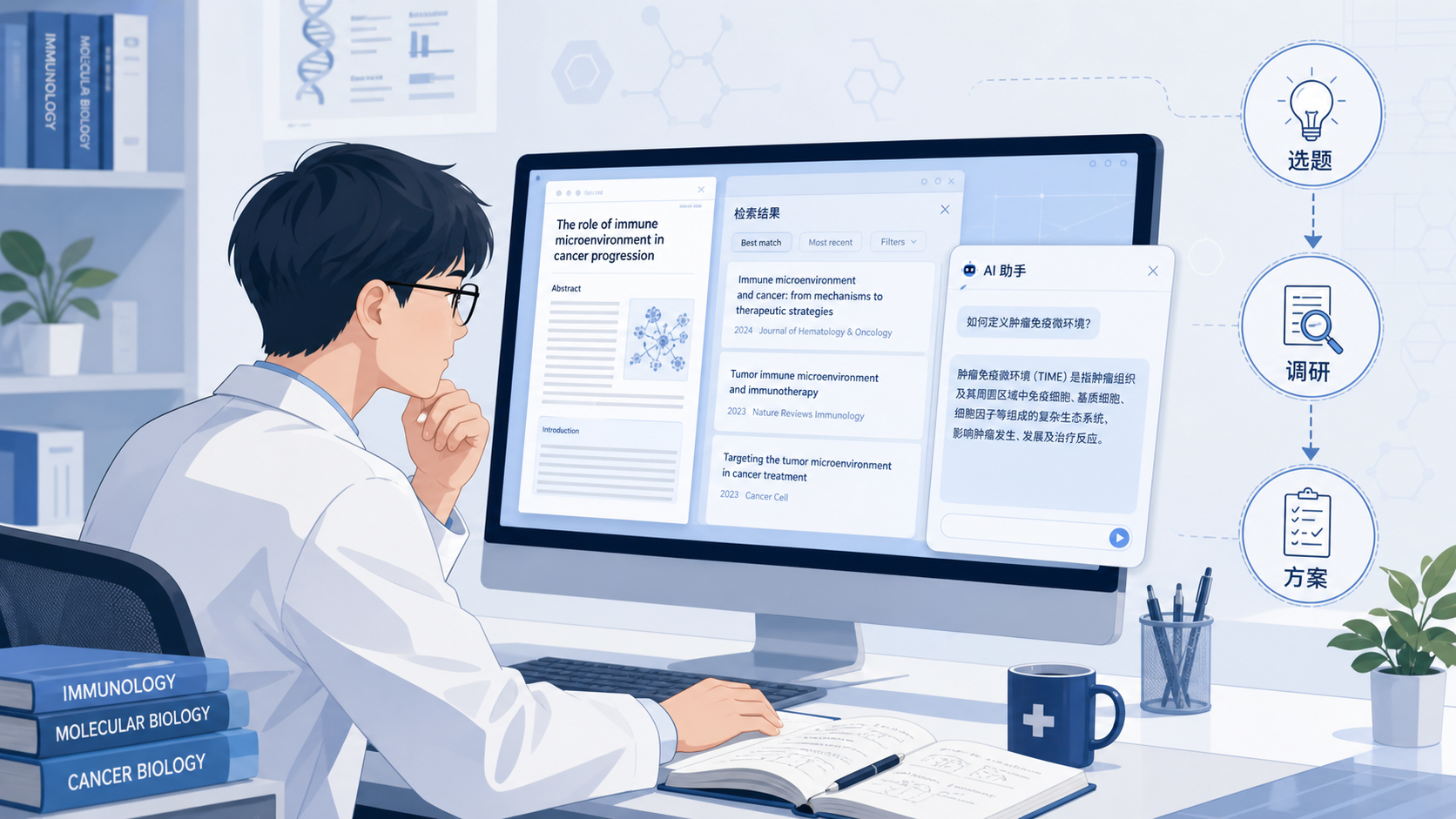 一位医学生或科研人员在电脑前浏览文献、旁边显示AI对话框和研究流程图,画面突出“选题-调研-方案设计”三个步骤