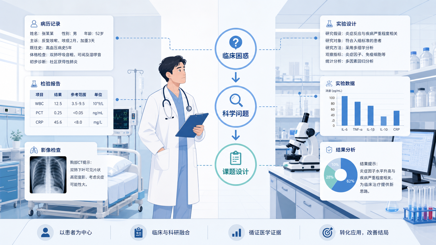 一位临床医生站在病房和实验室之间，中间有“临床困惑→科学问题→课题设计”的流程图，背景包含病历、显微镜和基金申请书