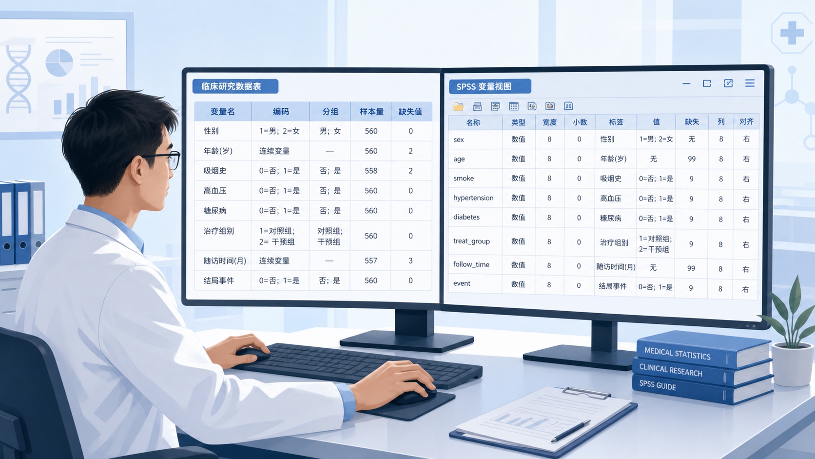 临床研究数据表、SPSS变量视图界面、医生在电脑前核对变量编码的专业场景