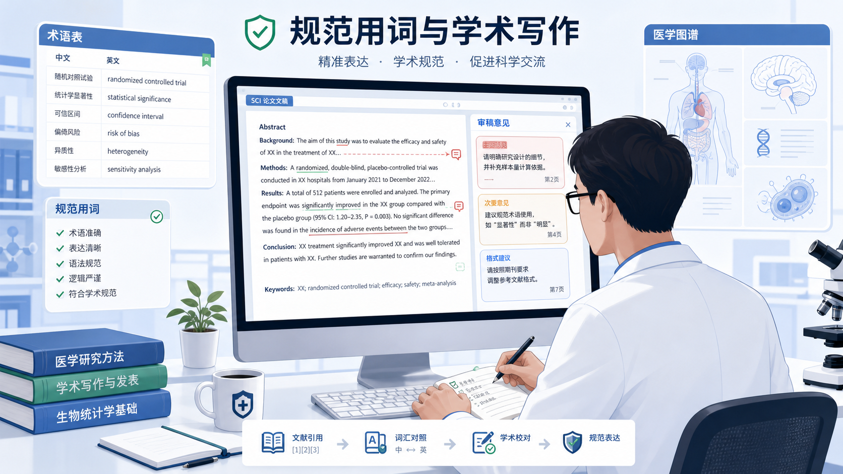 一位科研人员在电脑前修改SCI论文，旁边显示术语表、医学图谱和审稿意见，突出“规范用词与学术写作”的主题