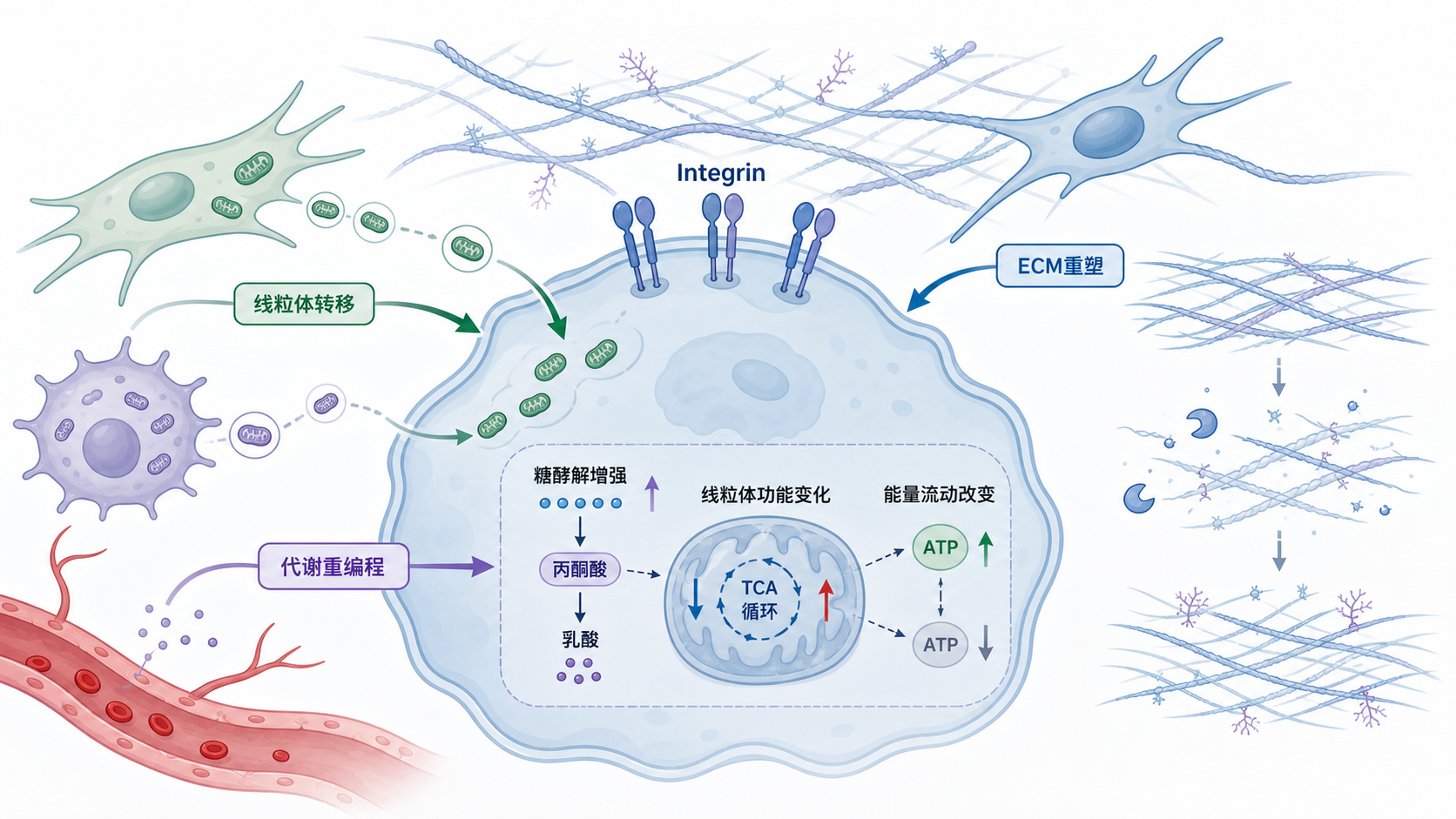 肿瘤细胞通过Integrin与微环境相互作用,连接线粒体转移、细胞外基质重塑和代谢重编程的机制示意图