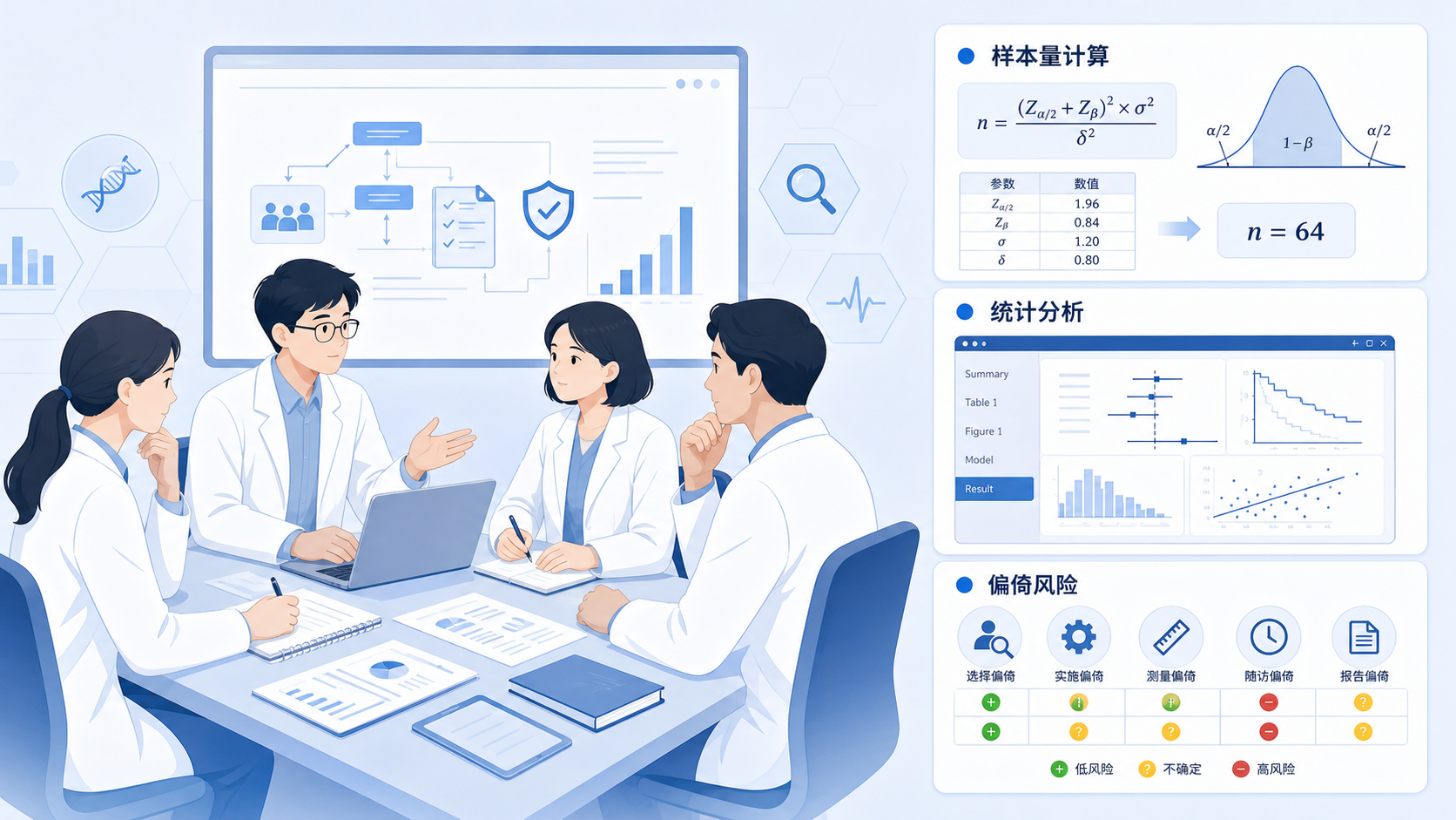 科研团队在讨论研究设计,旁边展示样本量计算表、统计软件界面和偏倚风险示意图。