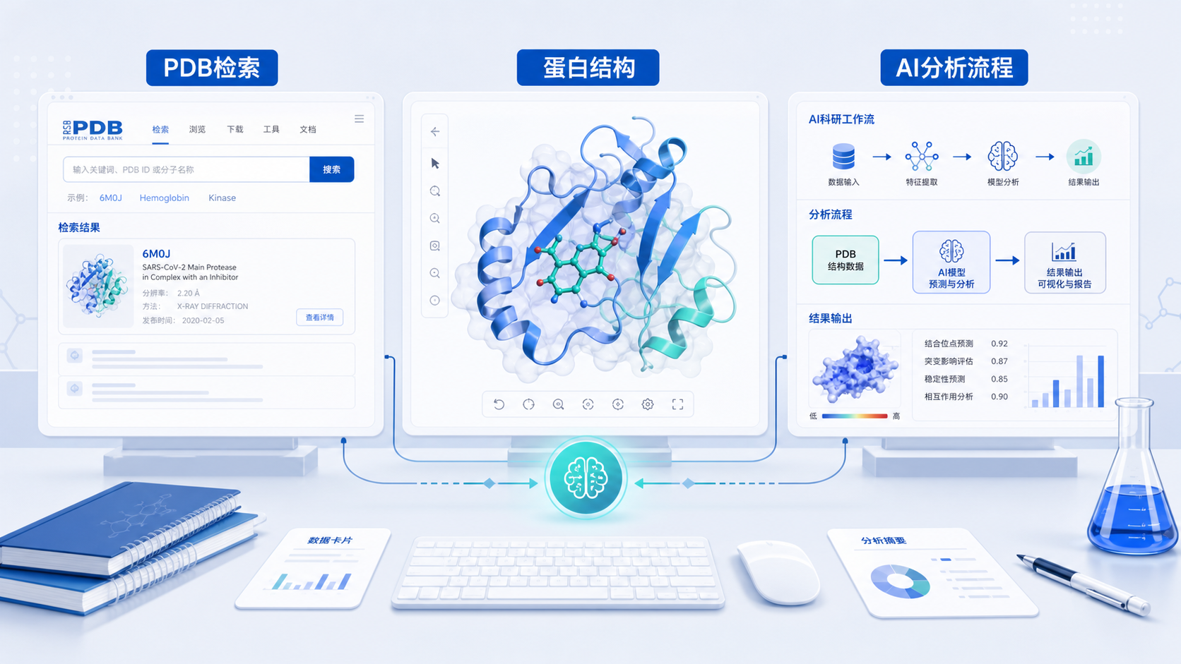 实验桌面上打开PDB结构网页、蛋白三维模型和AI科研工作流界面并列展示,突出“数据库检索+AI处理”的科研场景