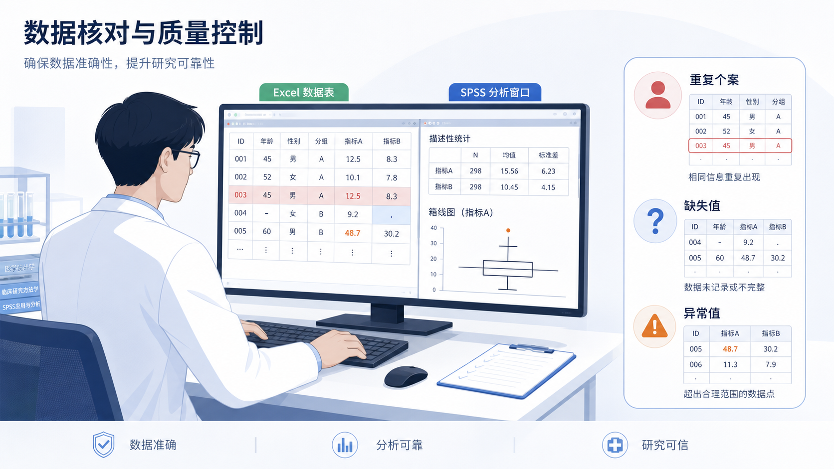 医学研究者在电脑前核对Excel与SPSS数据表,旁边展示重复个案、缺失值和异常值标记的示意图