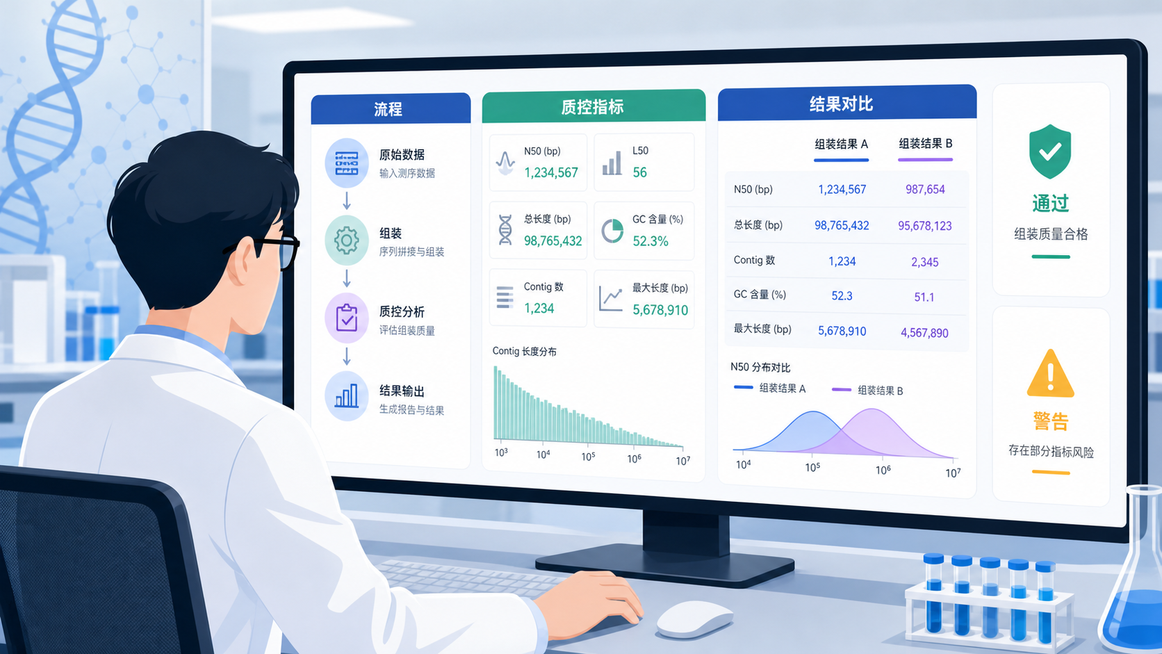 科研人员在电脑前进行组装质控分析,旁边显示流程图、质控指标和结果对比界面。