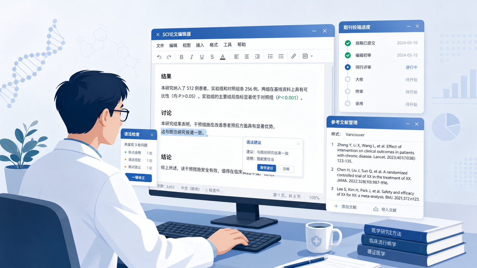 一位科研人员在电脑前逐句修改SCI医学论文,旁边有语法检查、期刊投稿和参考文献整理界面,画面专业、简洁