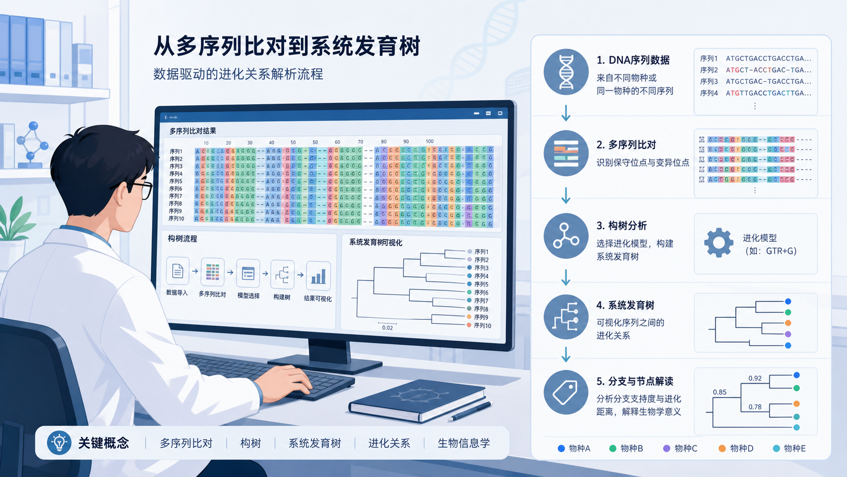一张科研人员在电脑前处理系统发育树数据的场景图，旁边展示多序列比对、构树和树状图可视化元素