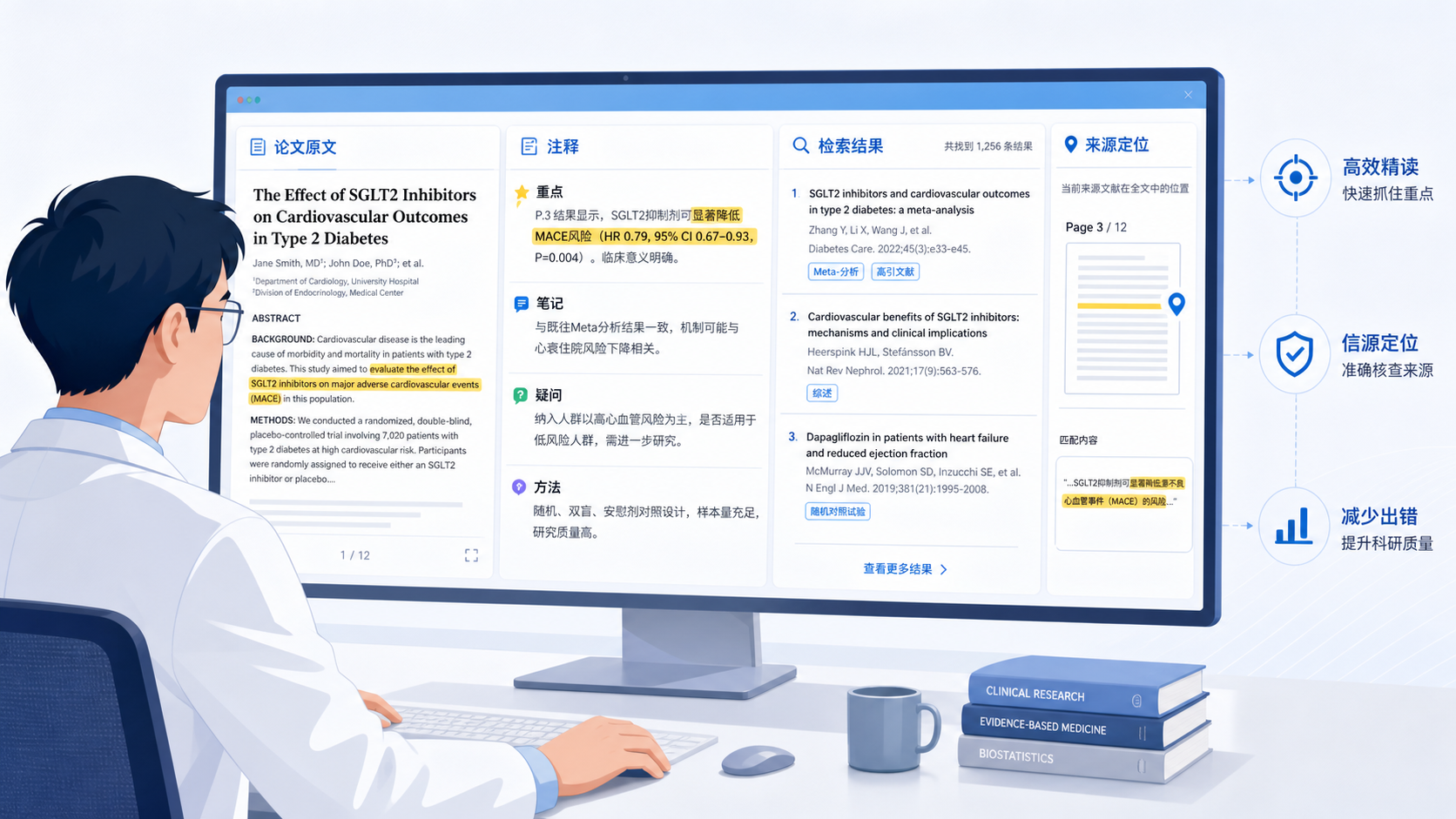 一位科研人员在电脑前同时查看论文原文、注释和检索结果,画面突出“高效精读、信源定位、减少出错”