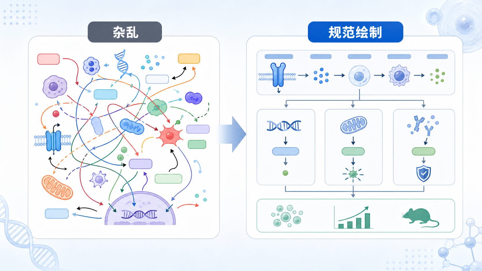 一张左右对比图，左侧为杂乱机制图，右侧为结构清晰、风格统一的SCI机制图模板示意，突出“规范绘制”的价值。