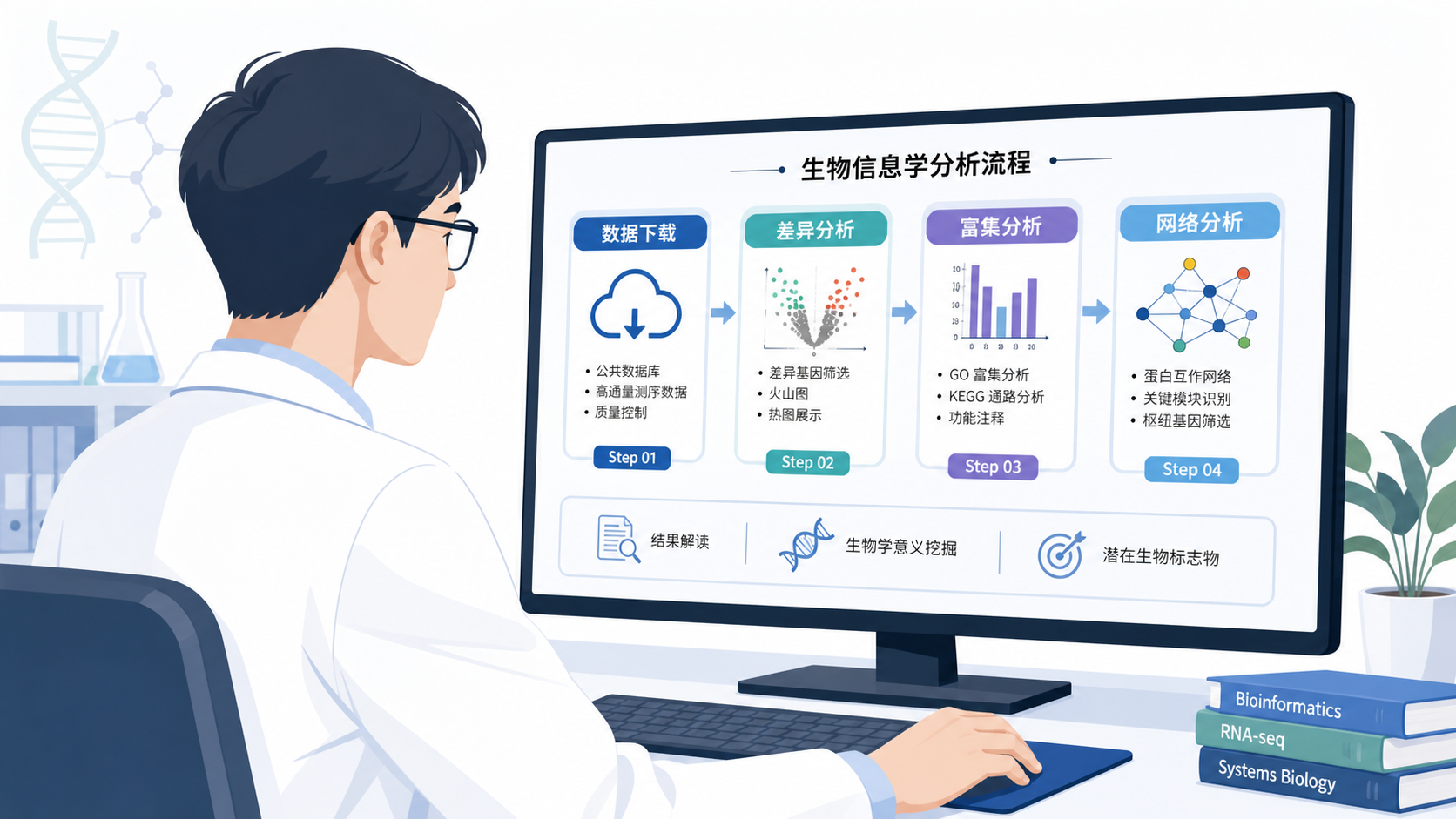 一位科研人员在电脑前查看生信分析流程图,屏幕上显示数据下载、差异分析、富集分析和网络分析模块,整体风格专业、简洁