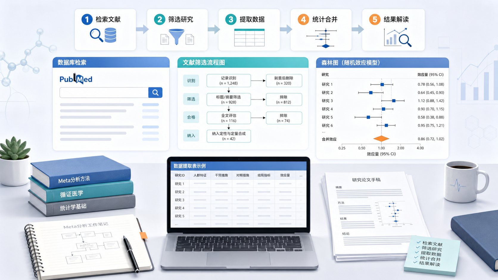 一张科研桌面图,包含数据库检索界面、文献筛选流程图、森林图和论文手稿,突出Meta分析全流程