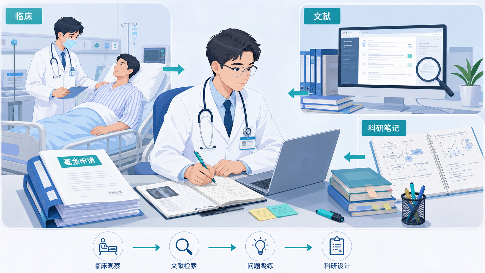 一位临床医生在病房、文献和科研笔记之间切换，桌面上有基金申请书、检索文献和病历资料，体现“临床到科研”的转化场景