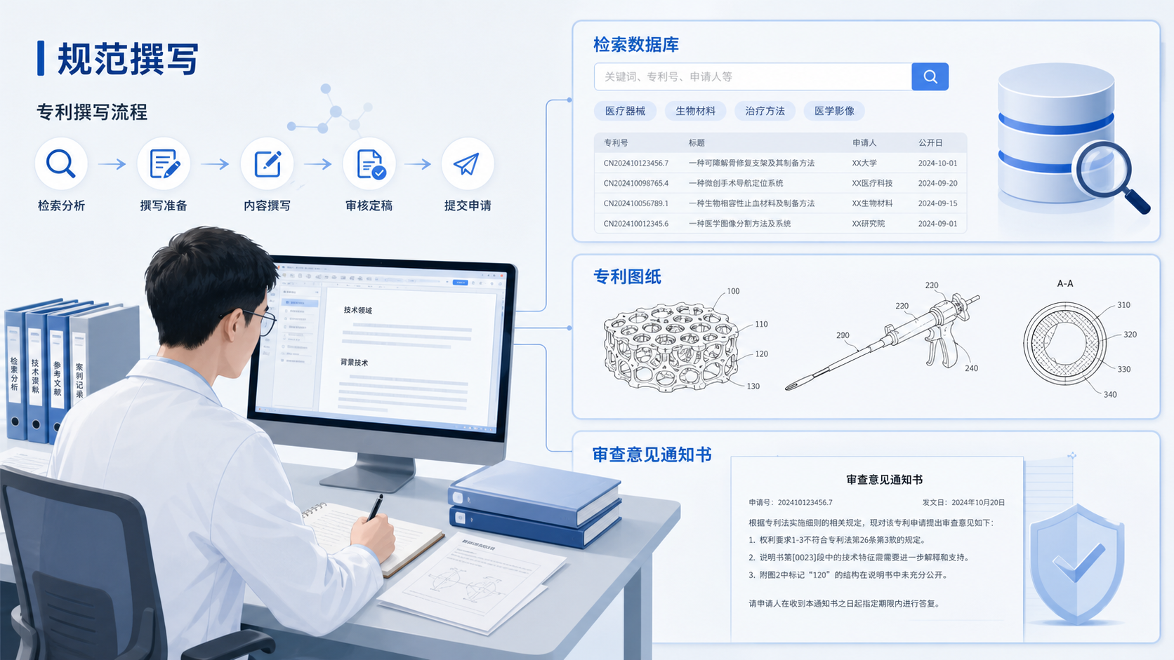 一位科研人员在电脑前整理专利文件,旁边显示检索数据库、专利图纸和审查意见通知书,突出“规范撰写”和“避坑”主题。