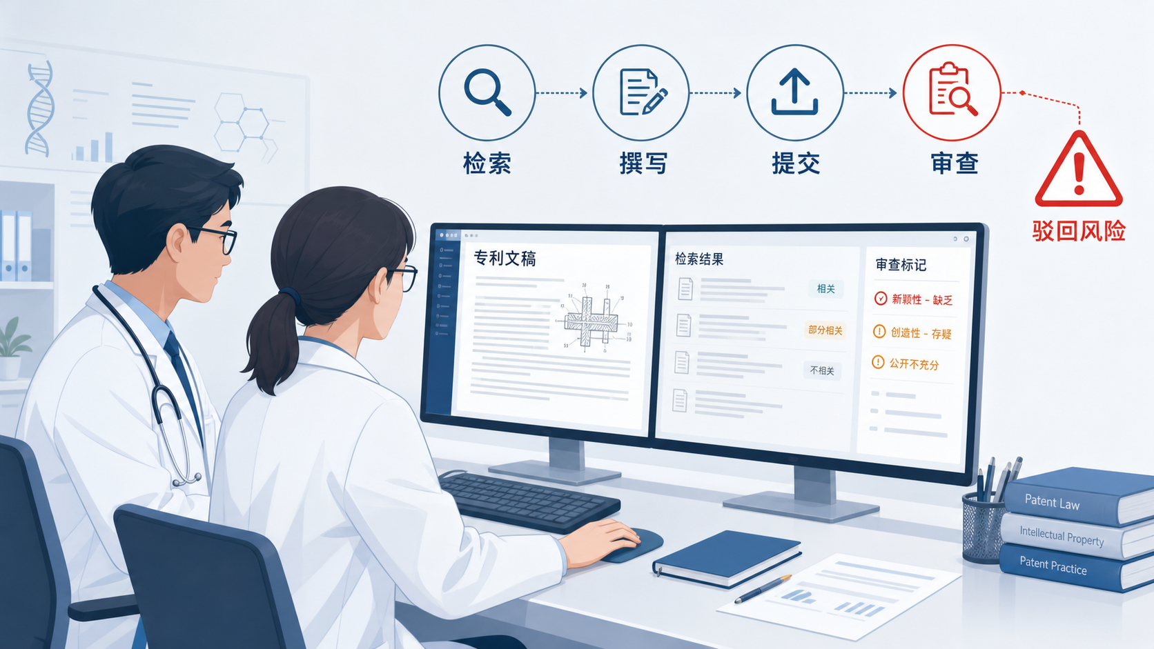 医生和科研人员在电脑前审阅专利文件,旁边标注“检索、撰写、提交、审查”流程图,突出专利驳回风险与修改压力。