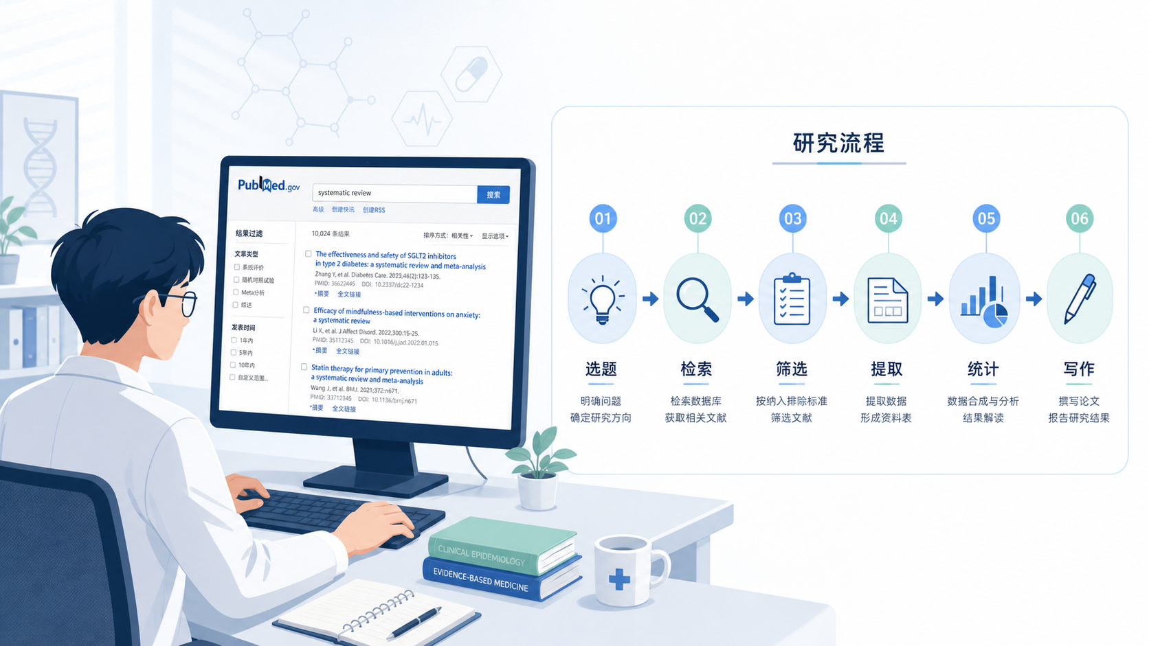 医学生在电脑前检索文献，旁边展示流程图，包含选题、检索、筛选、提取、统计、写作六个步骤。