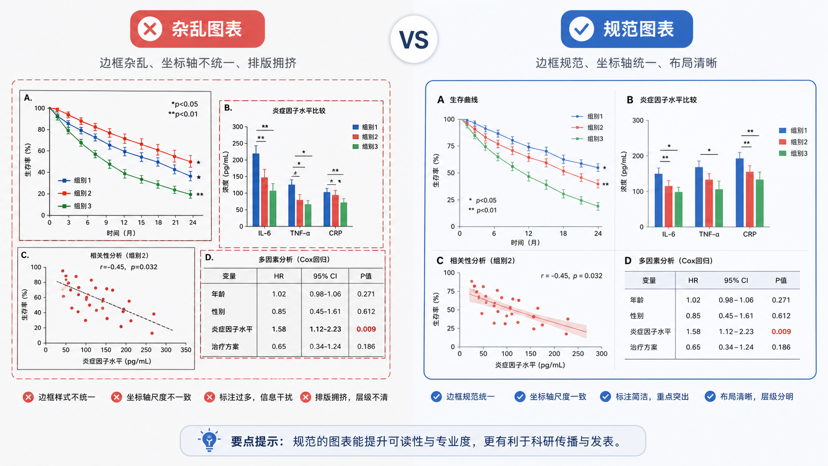 一张对比图,左侧为边框杂乱、坐标轴不统一的SCI图,右侧为边框规范、简洁清晰的标准论文图。