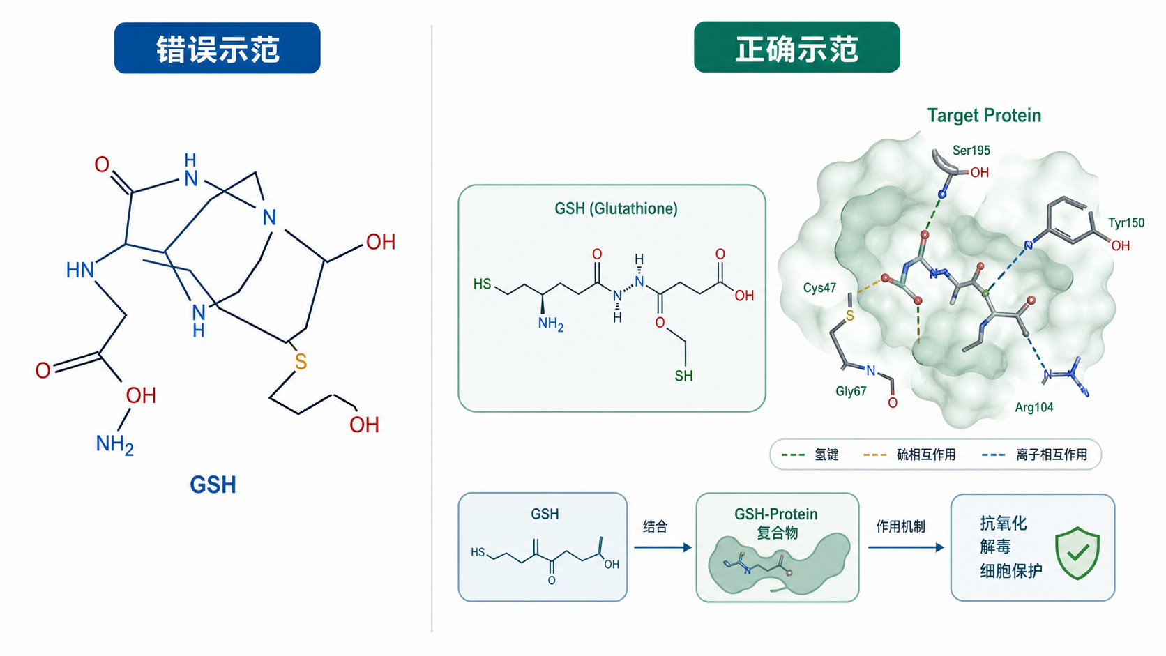 一张对比图,左侧为结构错误的GSH分子示意,右侧为规范的SCI分子互作机制图,突出“错误示范”和“正确示范”对照。