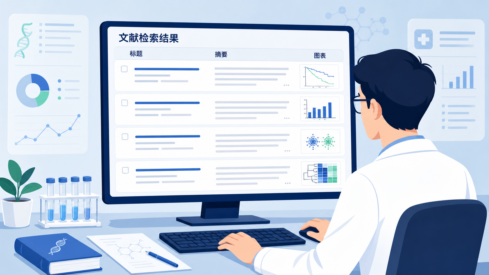 一位科研人员面对大量文献检索结果,在电脑前快速浏览标题、摘要和图表,突出“高效筛选”场景