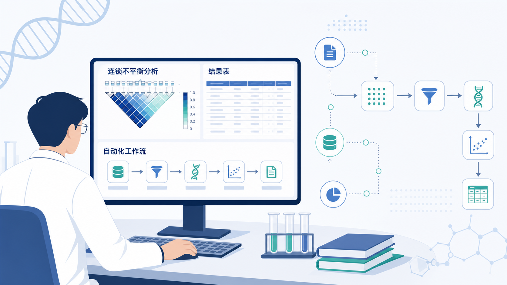 科研人员在电脑前处理基因数据流程图，旁边显示连锁不平衡分析、软件结果表和自动化工作流界面。