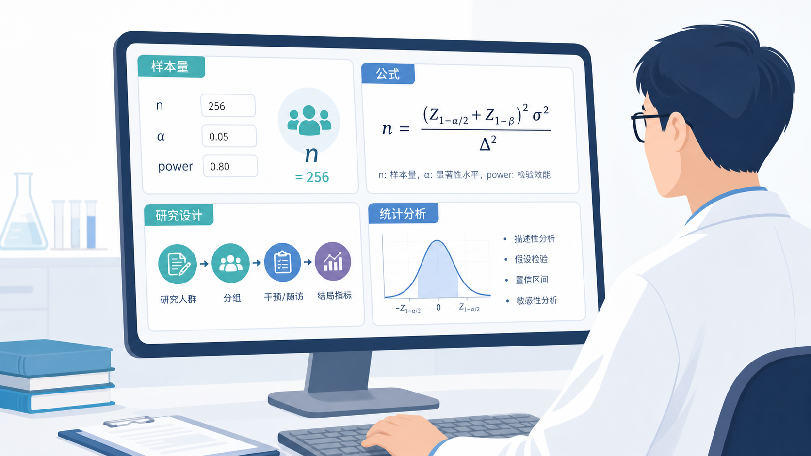 医学生或科研人员在电脑前查看临床研究方案,屏幕上同时显示样本量计算界面、公式和研究设计流程图,突出“自动化计算”和“降低门槛”主题