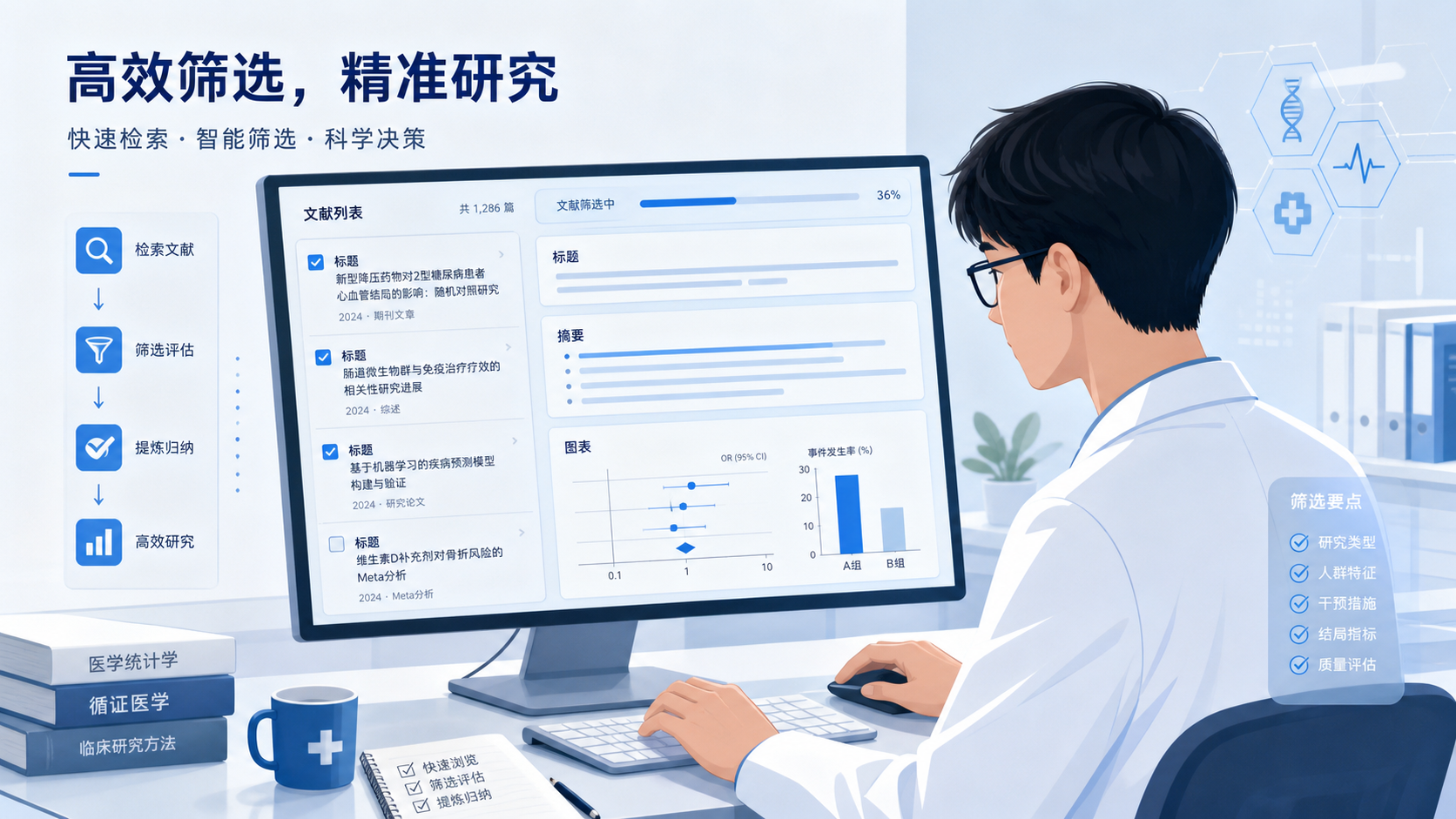 医学生在电脑前快速筛选文献,屏幕上显示标题、摘要和图表,突出“高效筛选”的场景