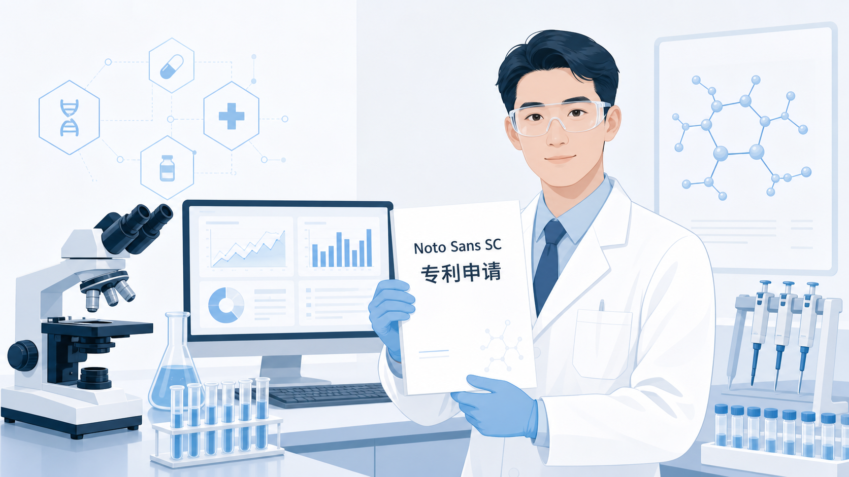 实验室场景中,研究者手持专利申请文件,与显微镜、数据图表、分子结构示意图同框,突出科研成果转化为专利的过程